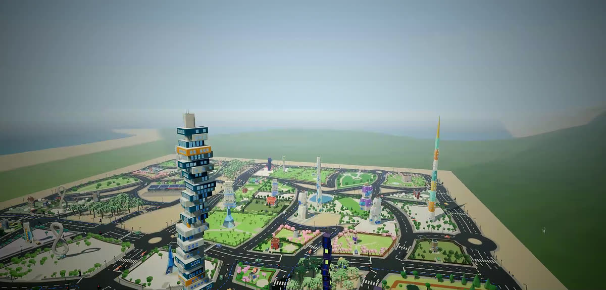 The whole city seen from the air, towers and parks laid out to the coast