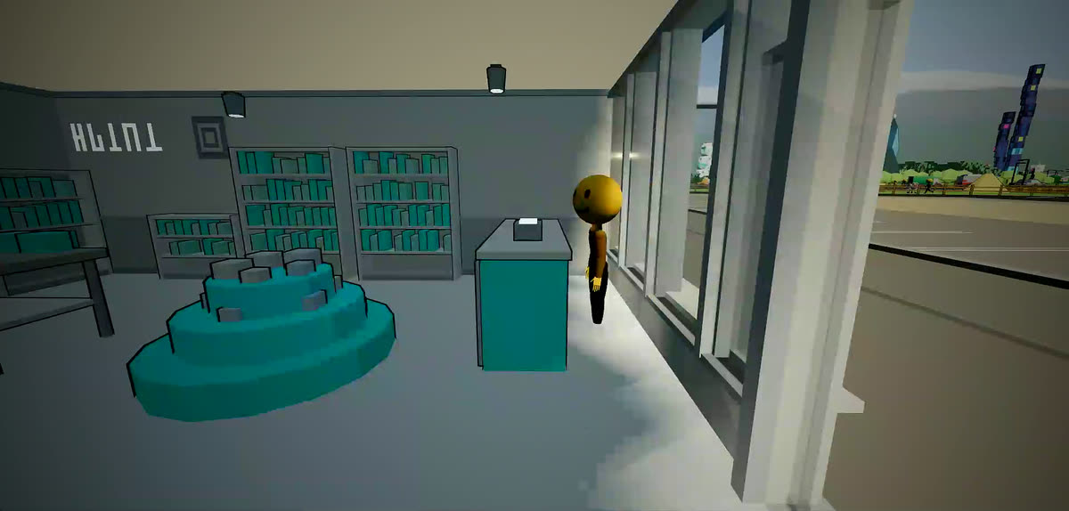 The inside of a shop, shelves and a counter with the shopkeeper behind it