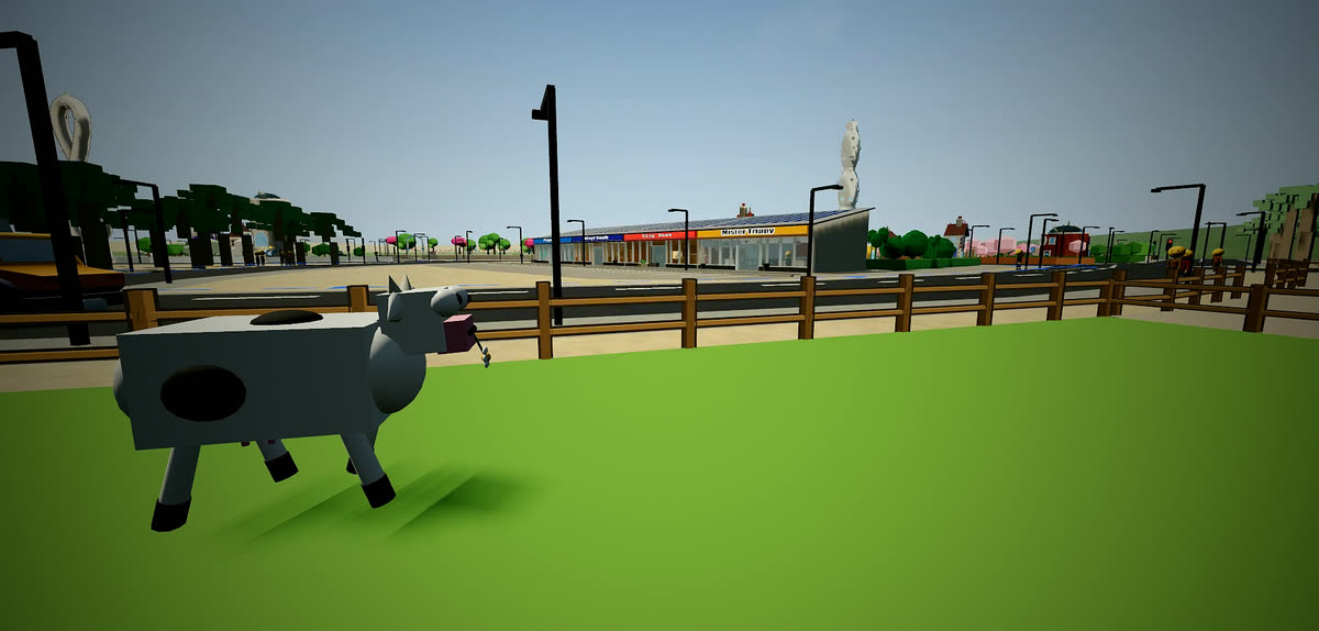 A cow beside a post-and-rail fence with the city skyline behind