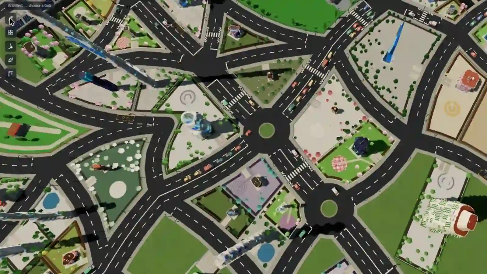 The Architect task column in the live game: five icons stacked down the left
                        edge of a busy city seen from the overview camera.