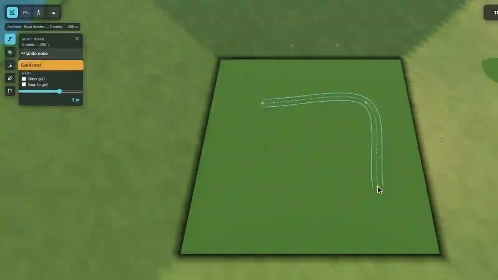 The road builder part-way through a stroke: several nodes placed, a
                            rubber band to the cursor, and the panel counting nodes and metres.