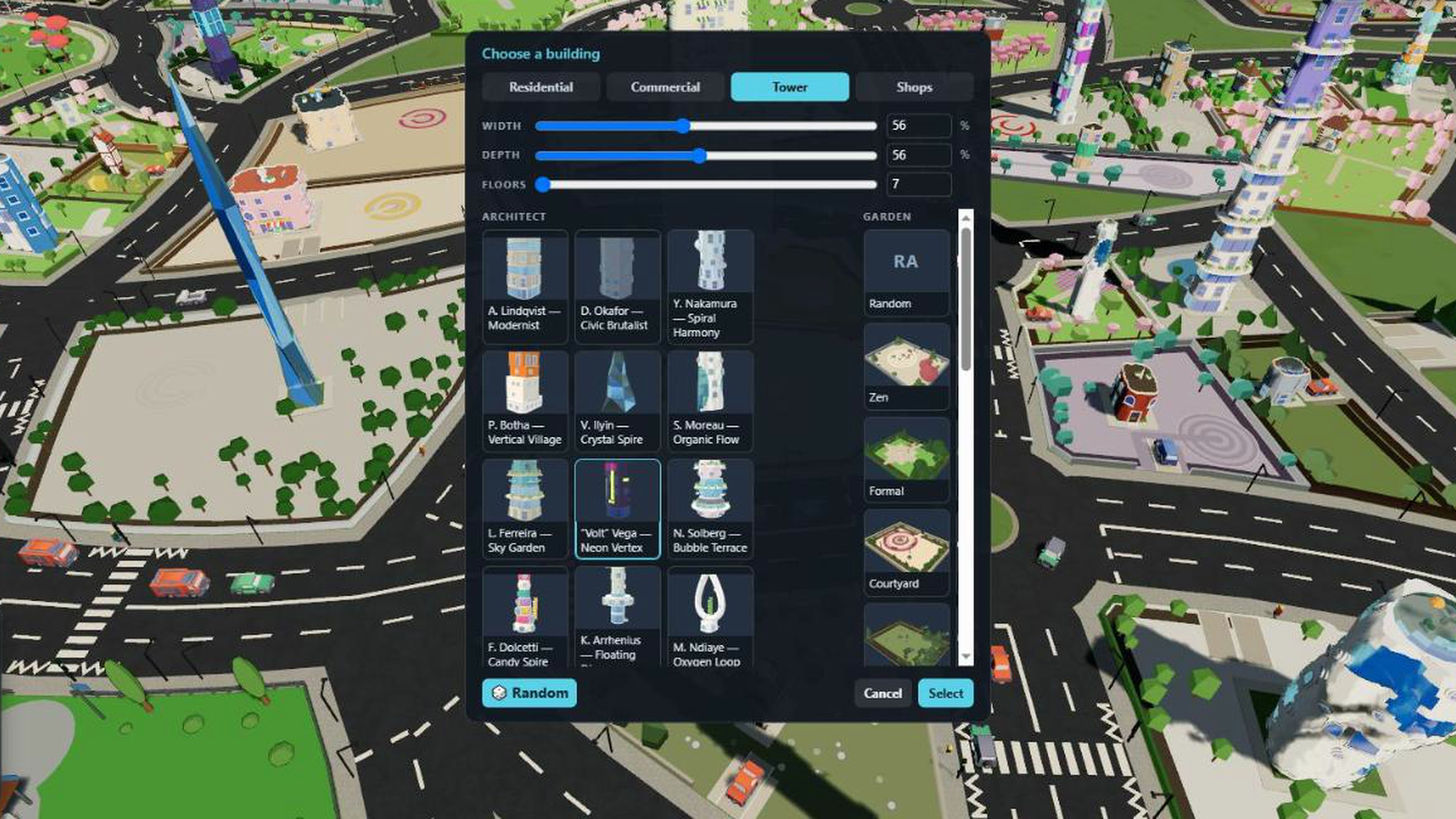 The Choose a building panel with its type row, size sliders, architect and
                            garden thumbnail columns, and the dice, cancel and select buttons.