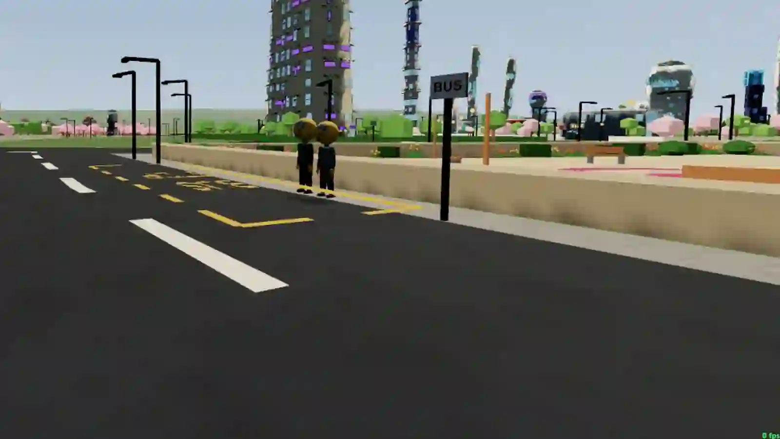 A bus stop seen from street level: shelter, sign, the box painted on the
                            road, citizens waiting, and a bus pulling in with the boarding prompt
                            showing.